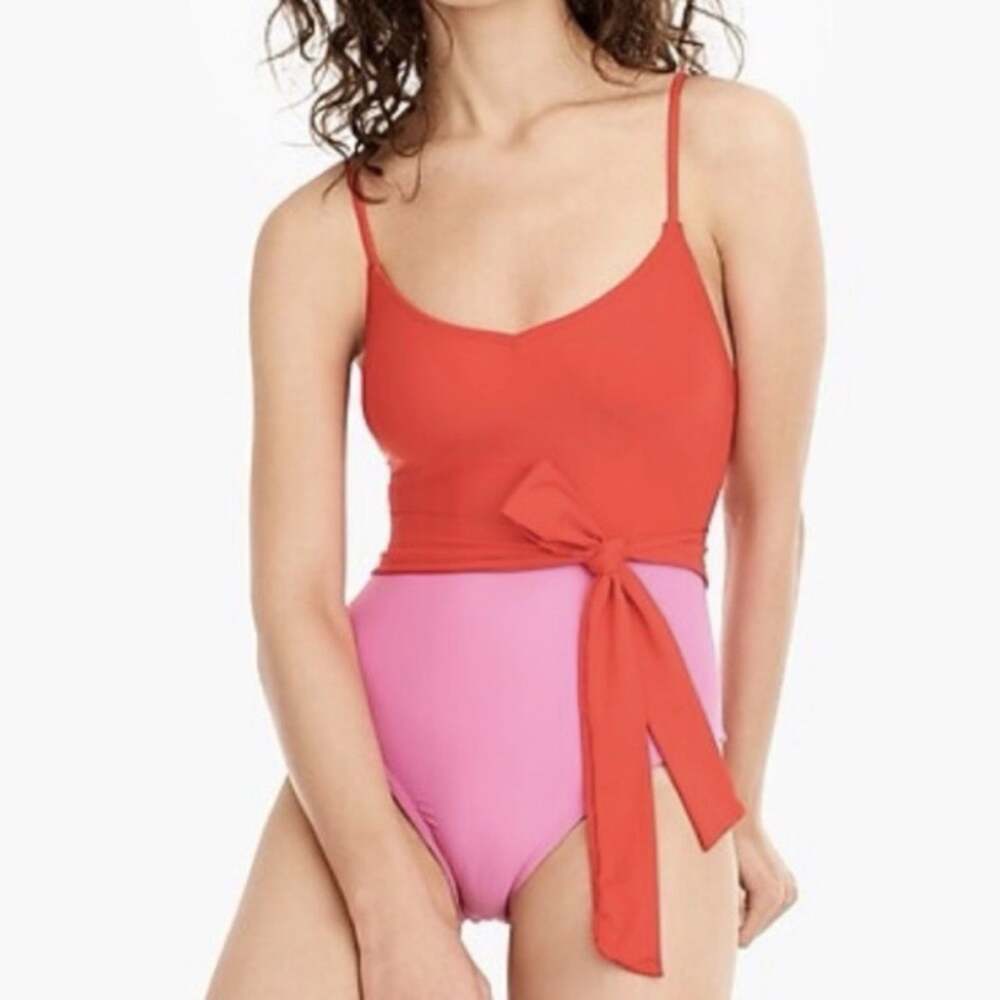 J. Crew Belted Colorblock One-piece Swimsuit 6 Pink Red Wrap Bow Bathing Suit